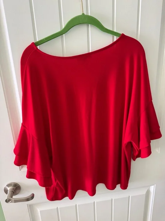 Express Bright Red V-Neck Ruffle Sleeve Tunic - Picture 2 of 3